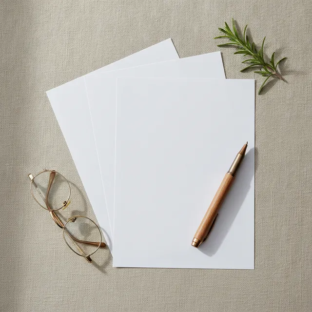 Folhas de papel, óculos de leitura e uma caneta sobre uma mesa
