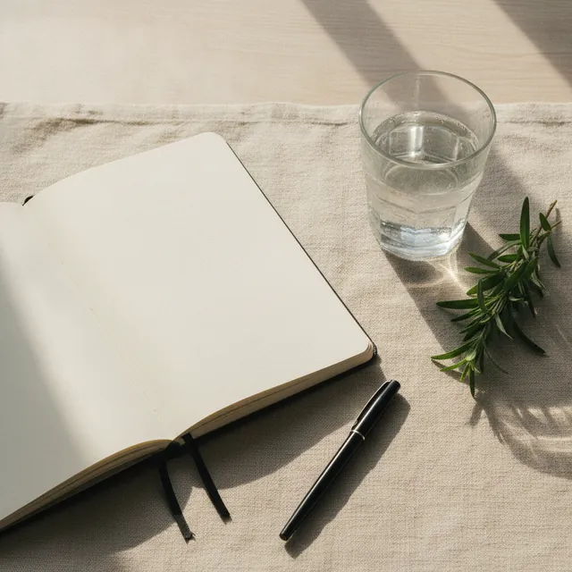 Caderno aberto, caneta e um copo de água sobre uma mesa de madeira